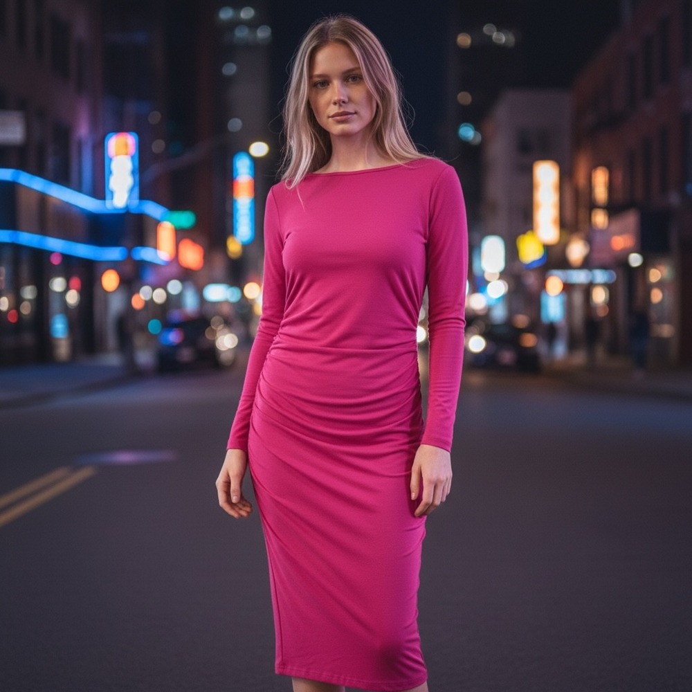 The J Peterman Company Secret Keeper Dress Midi Hot Pink Long Sleeve Size Small